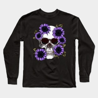 floral skull, cool skull, violet sunflowers skull mask face Long Sleeve T-Shirt